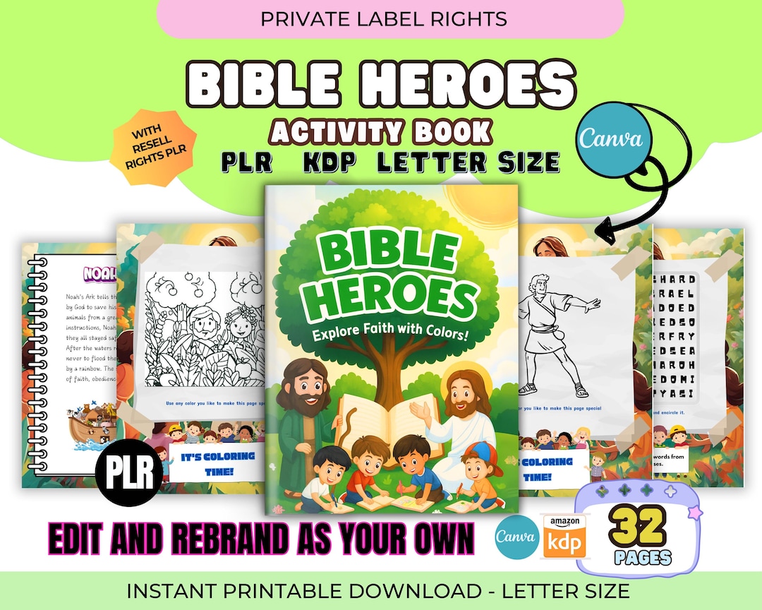 PLR Resell Bible Heroes Activity Book Canva Editable for Kids, Prek