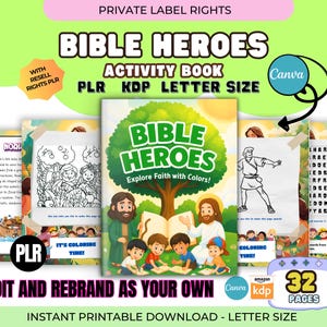May include: A collection of Bible Heroes activity books with the text "BIBLE HEROES" and "Explore Faith with Colors!". The books are designed for coloring and include the text "EDIT AND REBRAND AS YOUR OWN" and "INSTANT PRINTABLE DOWNLOAD - LETTER SIZE".
