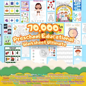 May include: A collage of colorful images featuring educational worksheets for preschoolers. The images include a variety of subjects such as shapes, colors, letters, numbers, and more. The text "70,000 Preschool Educational Worksheet Ultimate" is displayed in large, bold letters.