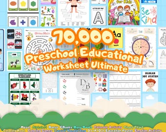 70000+ Preschool Pre-K + Kindergarten Learning Bundle, Activity Worksheets, Alphabet, Numbers, Shapes, Colors, Coloring pages, Do a Dot
