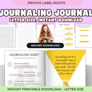 May include: A digital journaling journal with the text "Journaling Journal" and "Letter Size, Instant Download." The image includes sample pages, a habit tracker, and a woman reading. The journal promotes self-understanding and goal achievement.