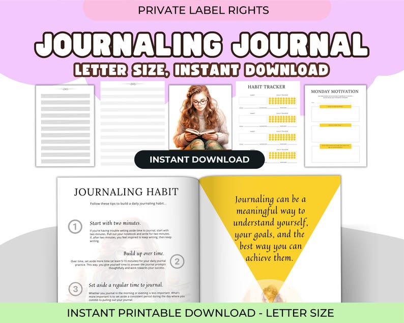 May include: A digital journaling journal with the text "Journaling Journal" and "Letter Size, Instant Download." The image includes sample pages, a habit tracker, and a woman reading. The journal promotes self-understanding and goal achievement.