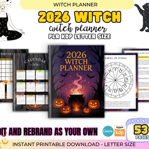2026 Häxplanerare PLR, Canva Redigerbar för KDP Interiör, Utskrivbar Grimoire, Månkalender, Tarot Journal, Astrologiplanerare, Återförsäljning
