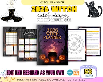 2026 Witch Planner PLR, Canva Editable for KDP interior, Printable Grimoire, Moon Calendar, Tarot Journal, Astrology Planner, Resell