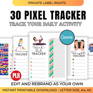 Puede incluir: Un conjunto de rastreadores imprimibles para actividades diarias, incluyendo limpieza, entrenamientos y control de peso. El diseño presenta cuadrículas de píxeles coloridas e ilustraciones, con el texto "30 Pixel Tracker" y "Track Your Daily Activity".