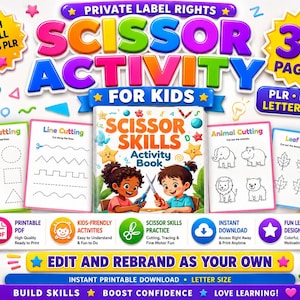 May include: A colorful digital download for kids featuring a scissor skills activity book with 30 pages. Includes shape, line, and animal cutting exercises. The design is kid-friendly and fun, with the ability to edit and rebrand. Includes printable PDF.