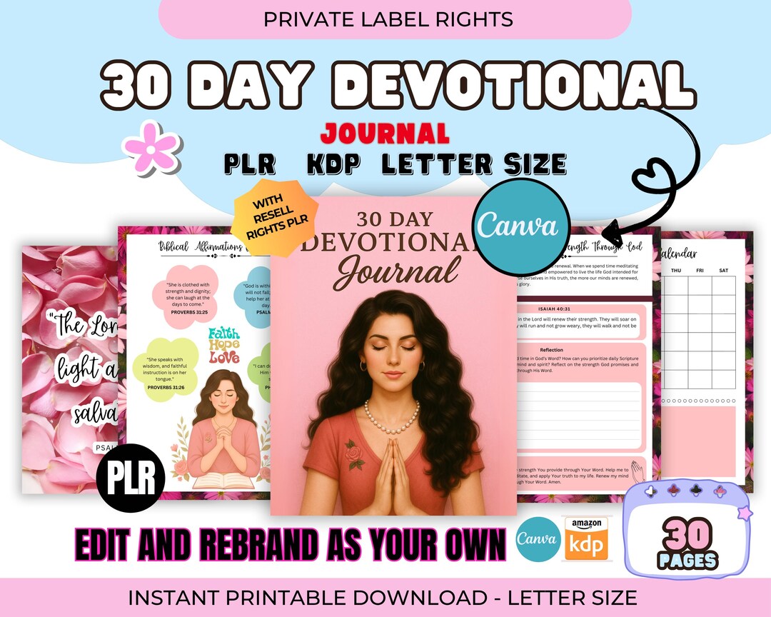 Devotion Commercial PLR Resell 30 Daily Devotional Journal for Woman Canva Editable ...