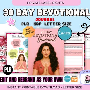 May include: A digital download product with the text "30 DAY DEVOTIONAL JOURNAL" and "EDIT AND REBRAND AS YOUR OWN". The design includes a woman with her hands clasped in prayer, floral accents, and the Canva and Amazon KDP logos.