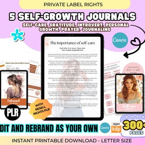 PLR Self Growth Journal Bundle: 300+ Page Canva Editable, KDP Interior, Printable Prayer, Gratitude & Self-Care Templates w/ Resell Rights