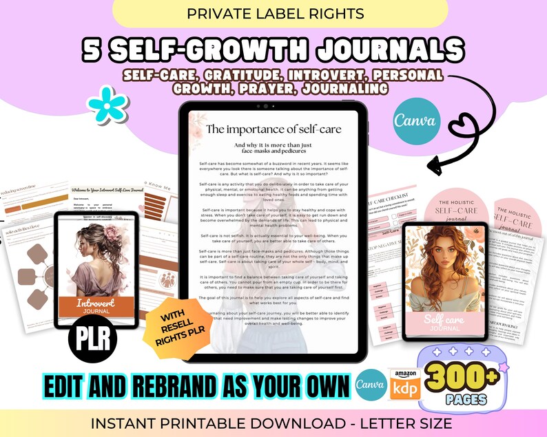 PLR Self Growth Journal Bundle: 300+ Page Canva Editable, KDP Interior, Printable Prayer, Gratitude & Self-Care Templates w/ Resell Rights