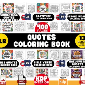 Może przedstawiać: Kolekcja 13 kolorowanek o różnych motywach, w tym Bożego Narodzenia, wersetów biblijnych i Halloween. Obraz zawiera tekst "Quotes Coloring Book" i "400 Pages". Książki są dostępne w formatach JPG, PNG i PDF.