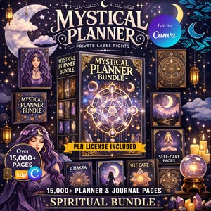 May include: A digital art image featuring a mystical planner bundle with the text "Mystical Planner Bundle" and "Spiritual Bundle". The image includes illustrations of celestial bodies, crystals, and a woman with purple hair. The text "Over 15,000+ Pages" is also visible.