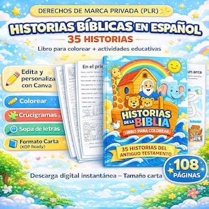 Op de afbeelding: Een Spaans kleurboek getiteld "HISTORIAS DE LA BIBLIA" (Verhalen uit de Bijbel) met 35 verhalen en educatieve activiteiten. De omslag toont een kleurrijke illustratie van de Ark van Noach met dieren. Bevat 108 pagina's.