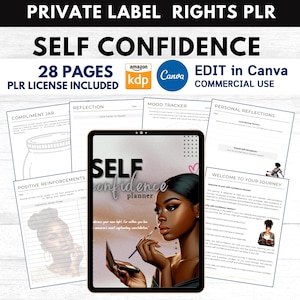 May include: A digital planner with a black woman on the cover applying makeup. The planner is titled "Self Confidence Planner" and has 28 pages. The text "Edit in Canva" and "Commercial Use" is also visible.