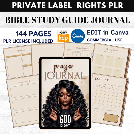 PLR MRR Digital Prayer Journal for Black Girl, Resell Rights Canva Editable Template for KDP, Bible Study, Devotional Gratitude Journal