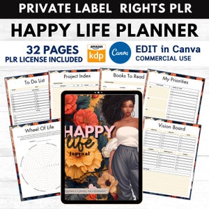 May include: A digital planner with a floral design and a woman with dark skin and curly hair. The planner is titled "Happy Life Journal" and includes pages for to-do lists, project indexes, books to read, vision boards, and more. The planner is available for commercial use with a PLR license included.