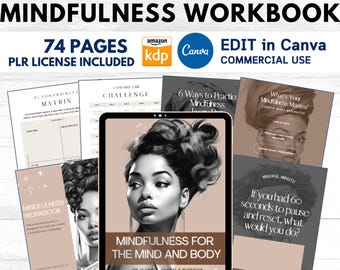 May include: A collection of mindfulness workbooks and journals. The main image features a tablet with a woman's portrait and the text "MINDFULNESS FOR THE MIND AND BODY." Additional pages include exercises and prompts for self-reflection. The product includes 74 pages.