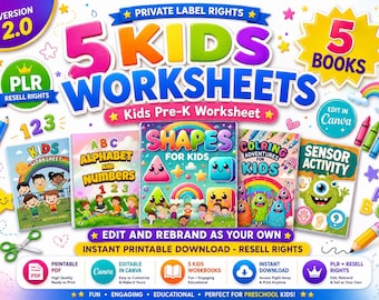 PLR Resell 5 Kid Worksheet Canva 150 Pages Preschool, Pre-K, Kindergarten Shapes, Coloring,  Scissor, Cutting, Alphabet, Sunday KDP interior