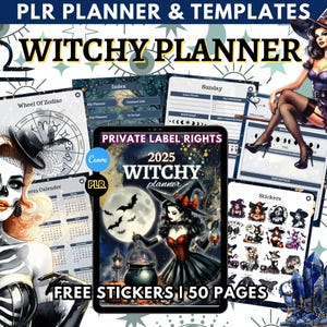 2025 PLR Witchy Planner | 50-Page Hyperlinked Digital Grimoire, Moon Calendar, Tarot Journal, Astrology Planner | MRR Resell Rights PDF