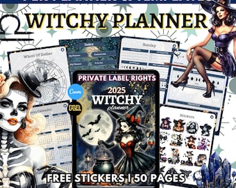 2025 PLR Witchy Planner | 50-Page Hyperlinked Digital Grimoire, Moon Calendar, Tarot Journal, Astrology Planner | MRR Resell Rights PDF