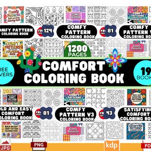 May include: A collection of 19 coloring books with various patterns, including floral, geometric, and abstract designs. The image features the text "COMFORT COLORING BOOK" and "1200 PAGES". The books are labeled "COMFY PATTERN" and "BOLD AND EASY".