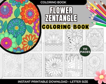 May include: A "Flower Zentangle Coloring Book" with 110 pages, featuring intricate floral designs. The cover displays a vibrant, circular floral pattern. The book is an instant printable download, letter size.