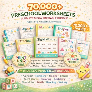Könnte beinhalten: Eine Sammlung farbenfroher Vorschul-Arbeitsblätter, darunter Alphabet, Zahlen, Formen und Sichtwörter. Das Bild zeigt verschiedene Arbeitshefte, Bleistifte und eine Biene-Grafik mit dem Text "70.000+ Vorschul-Arbeitsblätter" und "Kids Learning Mega Bundle".