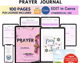 Prayer Journal PLR Resell Printable KDP Interior Digital Planner Commercial Use Canva Editable, Bible Journal Devotional Gratitude Scripture