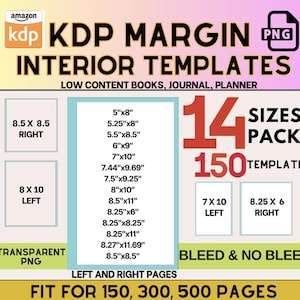 KDP Interior Vorlagen in 14 Größen für Ränder - 5 "x 8 bis 8,25" x 11 ", ohne Beschnitt und mit Beschnitt, 150, 300, 500 Seiten KDP Margin Pack