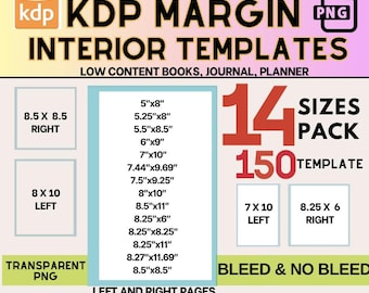 14 Sizes KDP Interior Templates for Margins - 5" x 8 to 8.25" x 11" , No Bleed and With Bleed Interiors, 150, 300, 500 Pages KDP Margin Pack