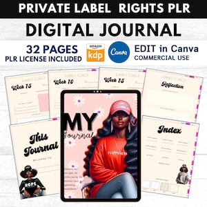May include: A digital journal template with 32 pages, featuring a colorful illustration of a woman with a pink hat and red shirt. The text "My Journal" is displayed in a large font on the cover. The journal is designed for use with Canva and includes a PLR license for commercial use.