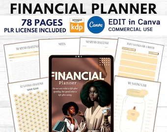 May include: A digital financial planner with a cover illustration of two women and money. The planner includes 78 pages and is editable in Canva. Additional pages include a savings challenge, notes, and daily savings trackers.