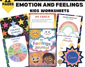 Puede incluir: Un conjunto de 22 hojas de trabajo imprimibles para que los niños aprendan sobre las emociones y los sentimientos. Las hojas de trabajo presentan ilustraciones coloridas de caras felices y tristes, un arcoíris, una rueda de emociones y una plantilla para dibujar una familia. El texto en las hojas de trabajo incluye "Mi diario de sentimientos", "Rueda de emociones", "Pausa de respiración arcoíris", "Dibuja tus sentimientos" y "Mi familia".