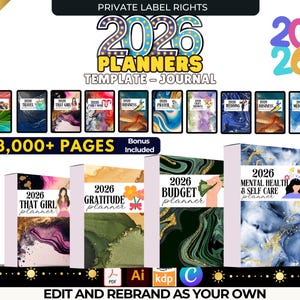 May include: A collection of 2026 planner templates with various themes, including travel, business, and mental health. The image features the text "2026 PLANNERS TEMPLATE - JOURNAL" and "EDIT AND REBRAND AS YOUR OWN".