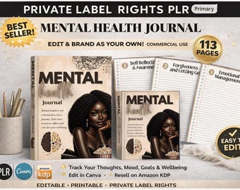 PLR Mental Health Journal, Black Women, KDP Canva Template (Commercial Use)