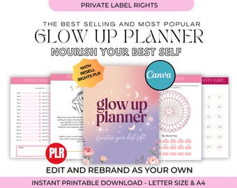 PLR Glow Up-arbetsbok utskrivbar, målplanerare, livsplanerare utskrivbar, skönhetsplanerare, humörspårare, direktnedladdning i PDF-format
