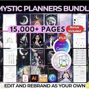 May include: A collection of Mystic Planners with over 15,000 pages, featuring journal covers with celestial and feminine illustrations. Includes a bonus and the option to edit in Canva. The bundle includes PDF, Ai, and KDP formats.