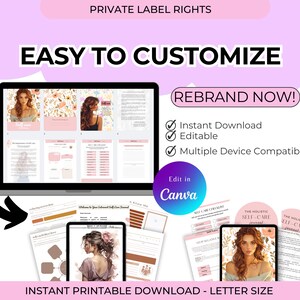 May include: A digital product mockup featuring a laptop, tablet, and several printed pages. The laptop displays a journal layout with floral accents. The text reads "Easy to Customize" and "Rebrand Now!" with options to edit in Canva.