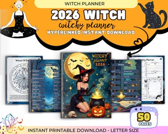 2026 Witchy Planner, 50-Page Hyperlinked Digital Grimoire, Moon Calendar, Tarot Journal, Astrology Planner, Instant Download, PDF