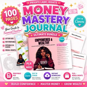 May include: A 100-page Money Mastery Journal bundle featuring pink and purple branding. The cover displays the text Empowered & Wealthy: A Black Woman's Guide to Money Mastery, alongside illustrations of a person writing in a journal. Includes printable PDF pages, Canva editability, and resale rights.