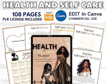 PLR MRR Health and Self Care Journal for Black Girl, Resell Rights Canva Editable Template for KDP, Self Care Health Fitness Anxiety Journal
