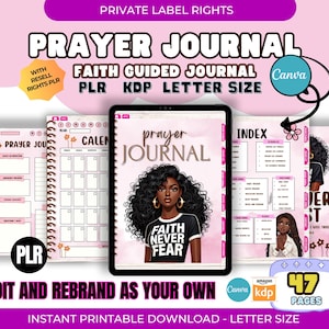 Puede incluir: Un diario de oración digital con una ilustración de una mujer negra en la portada, el texto "Faith Never Fear", y las palabras "Prayer Journal" y "Faith Guided Journal". Incluye la marca "PLR" y "KDP".