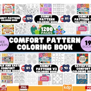 May include: A collection of 19 coloring books with various patterns, including floral, geometric, and abstract designs. The books are labeled "Comfy Pattern Coloring Book" and "Bold and Easy Comfort Coloring Book". The image also includes the text "1200 pages".