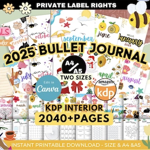 Puede incluir: Un kit de bullet journal digital imprimible colorido para 2025. El kit incluye páginas mensuales, semanales y diarias. El kit está disponible en dos tamaños: A4 y A5. El kit está diseñado para ser utilizado con Canva. El kit incluye más de 2040 páginas. El kit está disponible para descarga instantánea.