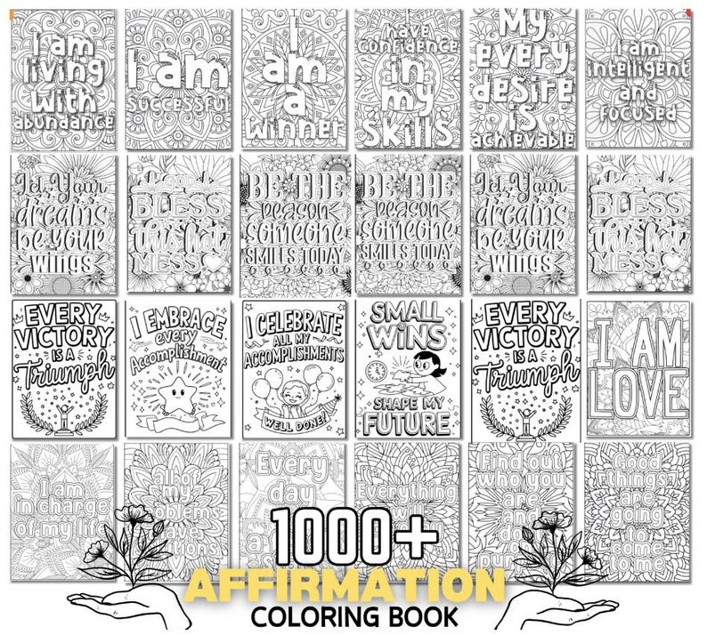 1000 Adult Affirmation Coloring Book KDP Interior Self-love, I AM ...