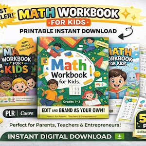 Puede incluir: Imagen de un libro de trabajo de matemáticas para niños, titulado "Math Workbook for Kids". La imagen incluye lápices, una calculadora y páginas de muestra. El libro de trabajo es para los grados 1-3 y es una descarga instantánea imprimible.