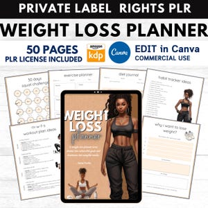 May include: A digital planner with a brown cover and a black and white illustration of a woman. The cover text reads "Weight Loss Planner". The planner includes 50 pages and a PLR license. The image also shows sample pages from the planner, including a 30-day squat challenge, an exercise planner, a diet journal, a habit tracker, and a workout plan.