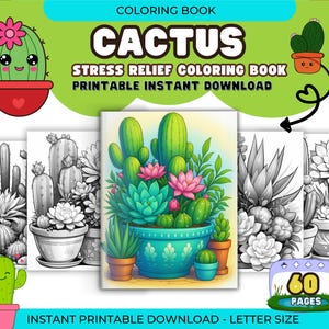 60 Floral Cactus And Succulent Coloring Pages Stress Relief Adult Coloring Book Digital Coloring Sheets, Instant Download Printable PDF File
