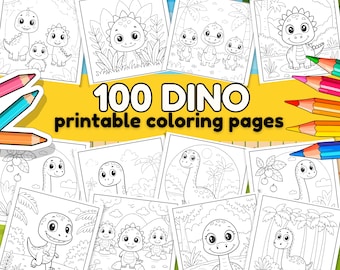 Cute Dinosaur 100 coloring pages for kids toddlers preschoolers kindergarten, T-Rex, Triceratops, Brachiosaurus homeschool PDF print at home