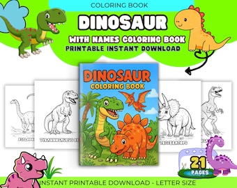 Dinosauriemålarbilder för barn: T-Rex, Triceratops + namn (digital nedladdning)